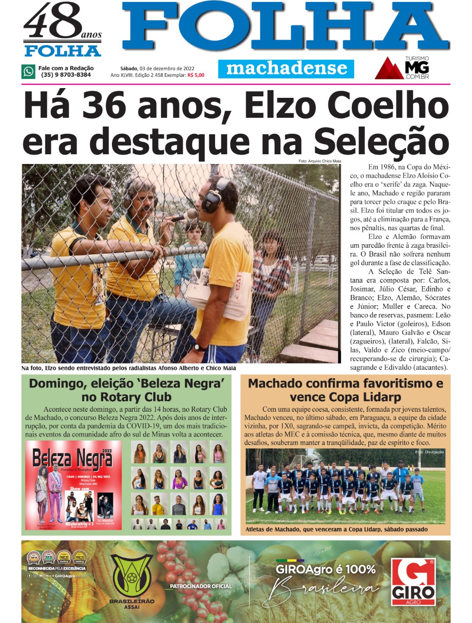 Capa da edição da FOLHA MACHADENSE; sábado, dia 03/12